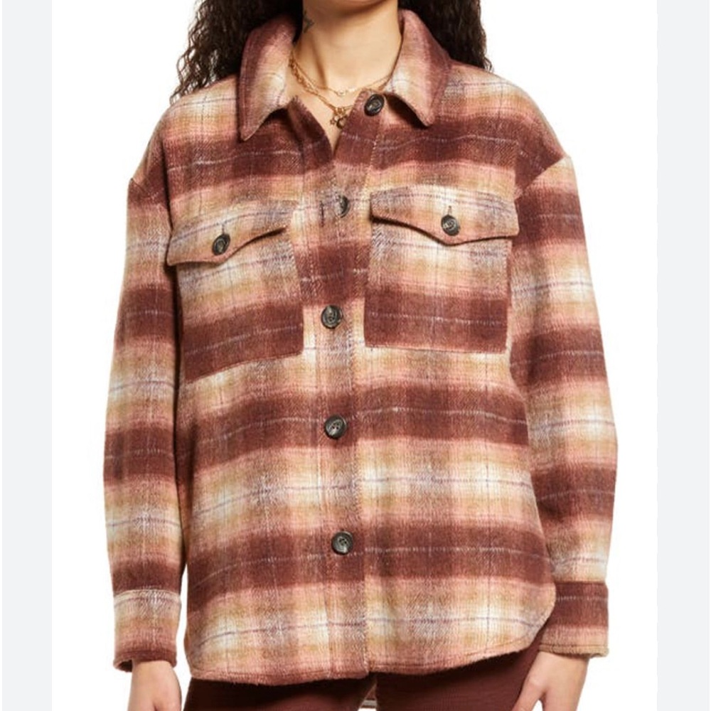 BP Plaid‎ Oversized Shacket Jacket Women Medium Brown Pink Long Sleeve Button Up